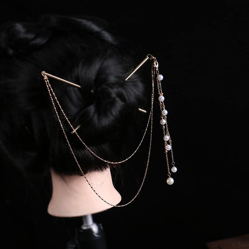 Bijoux cheveux chignon à double chaîne avec pompon en perle_11