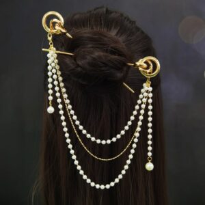 Bijoux cheveux chignon à double chaîne avec pompon en perle_3