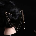 Bijoux cheveux chignon à double chaîne avec pompon en perle_6
