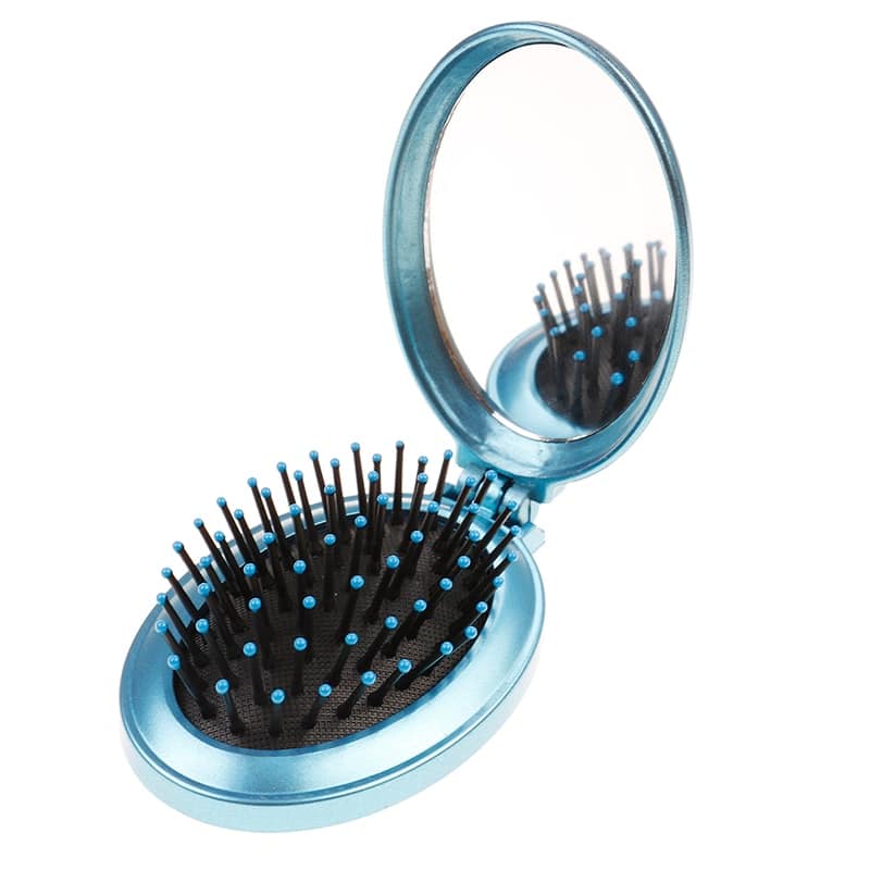 Brosse ronde pour cheveux pliable avec miroir Bleu